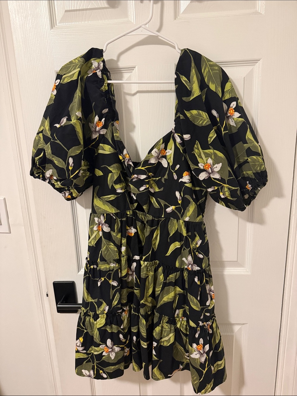 Express Black Floral Puff Sleeve Tiered Mini Dress